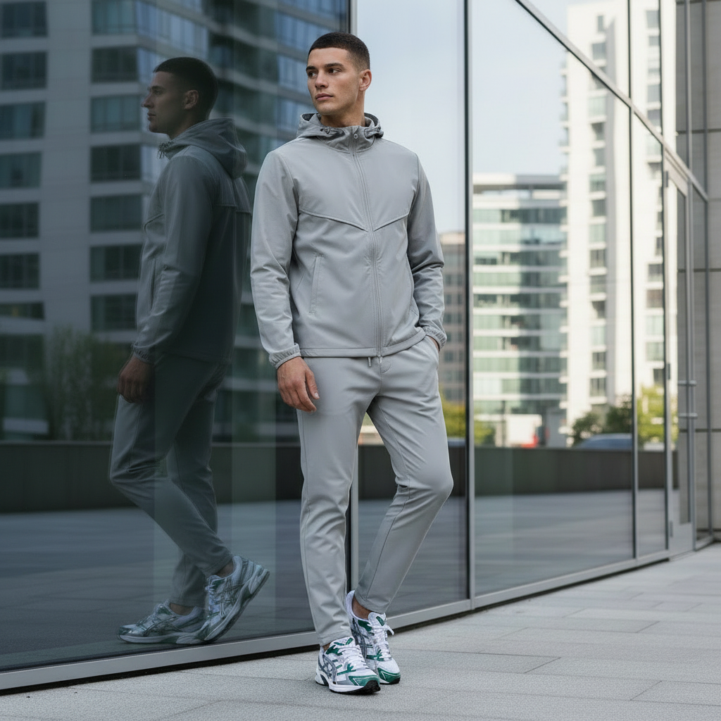 male model with grey windbreaker set