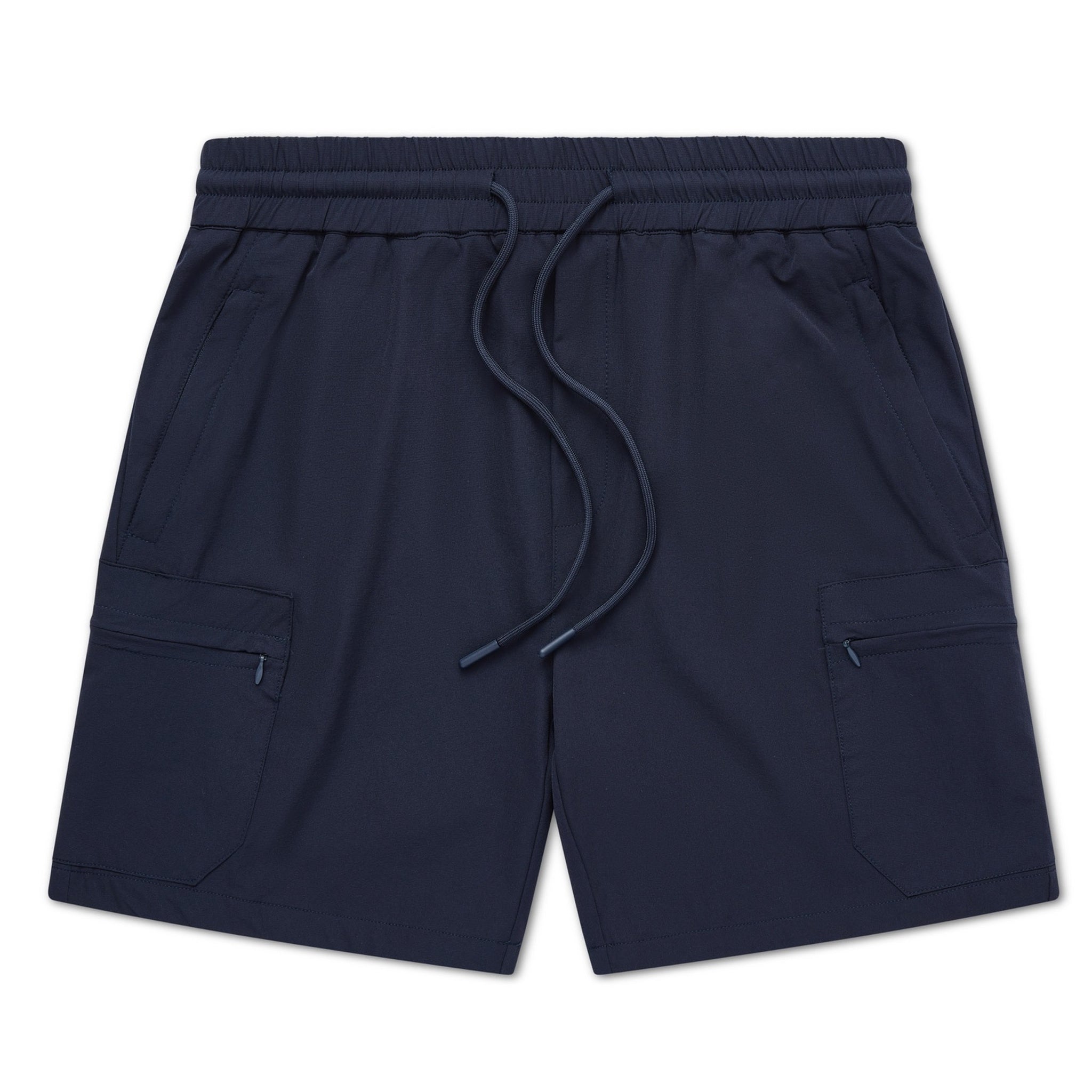 Close-up of Nové navy cargo shorts elastic waistband and drawstring