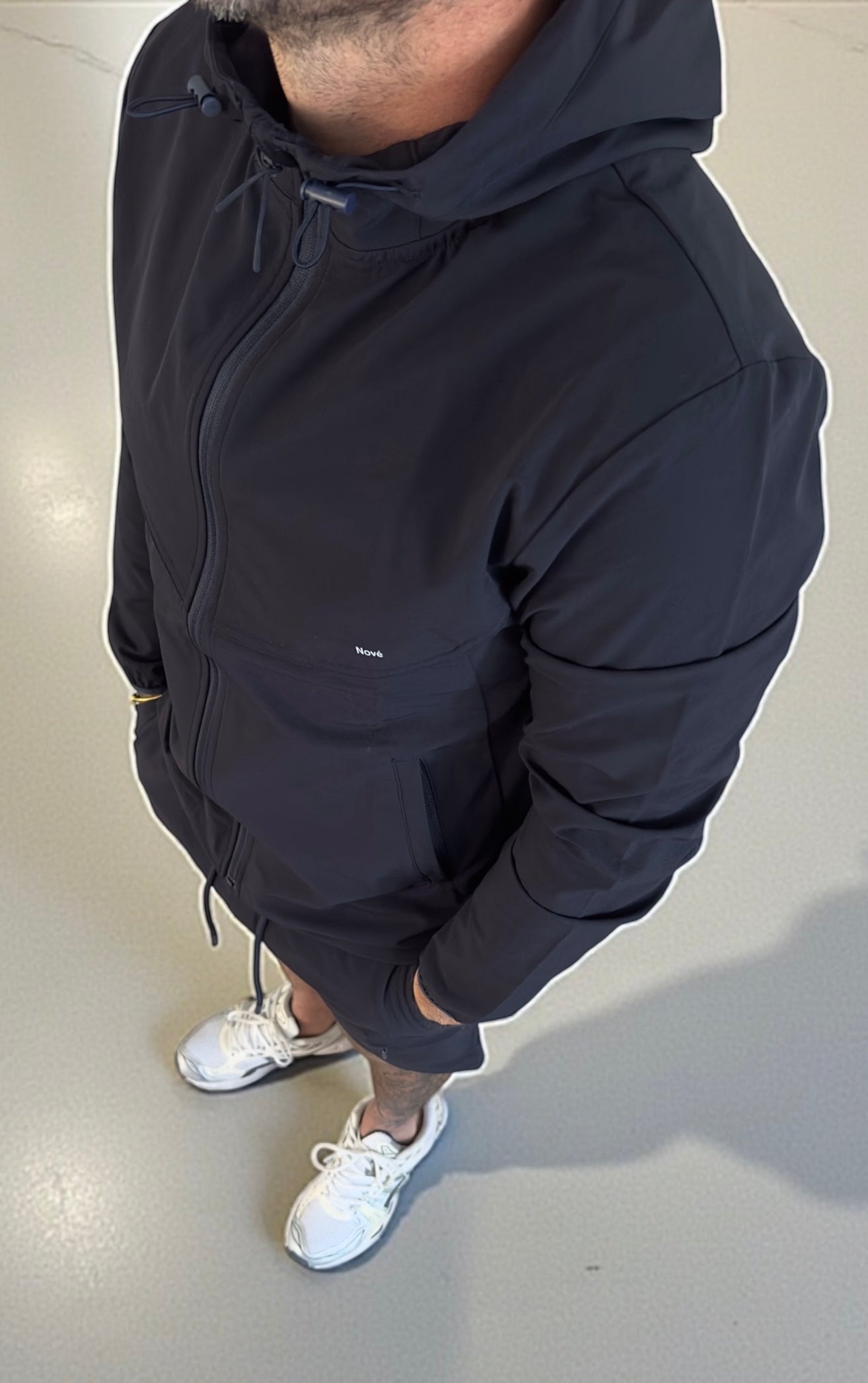 Nové navy core windbreaker jacket with hood and full zip, lightweight technical fabric