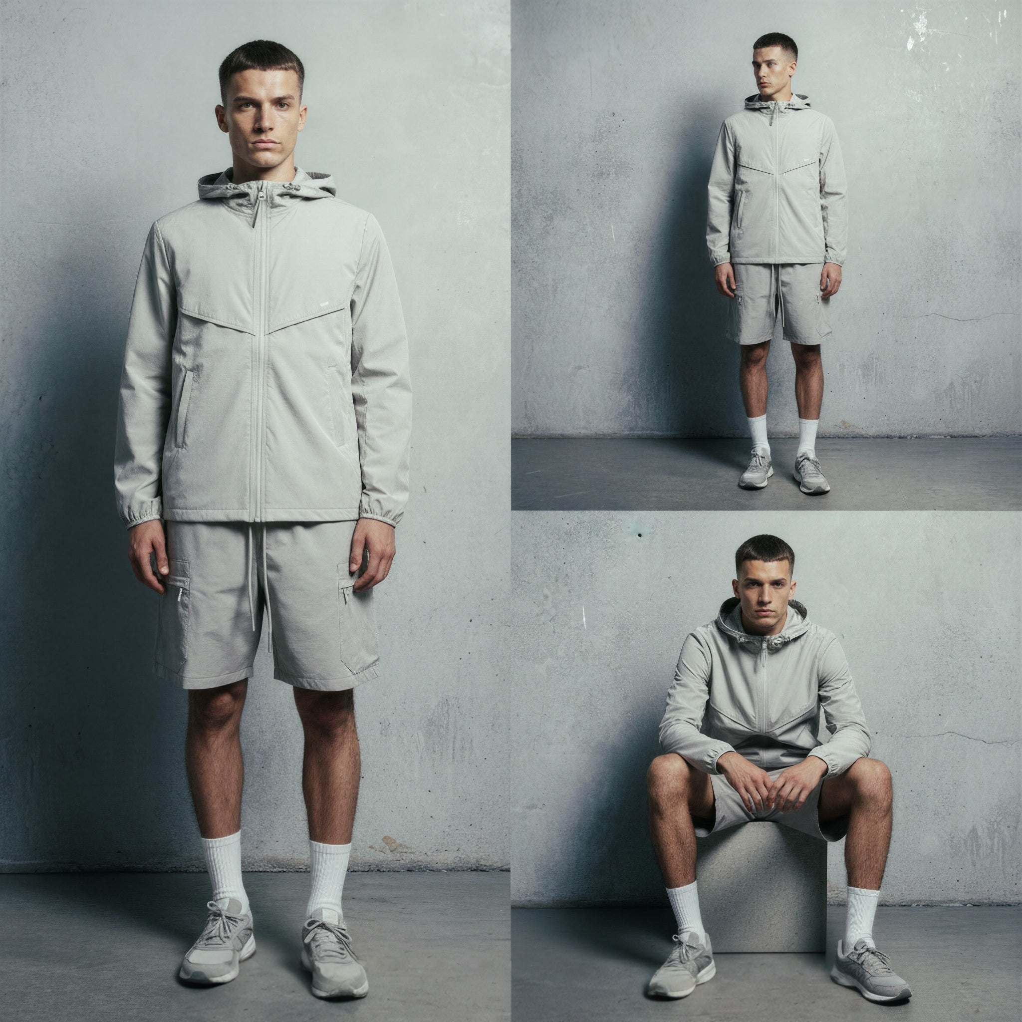 Man wearing a light gray outfit with a jacket, shorts, and hoodie against a plain background.