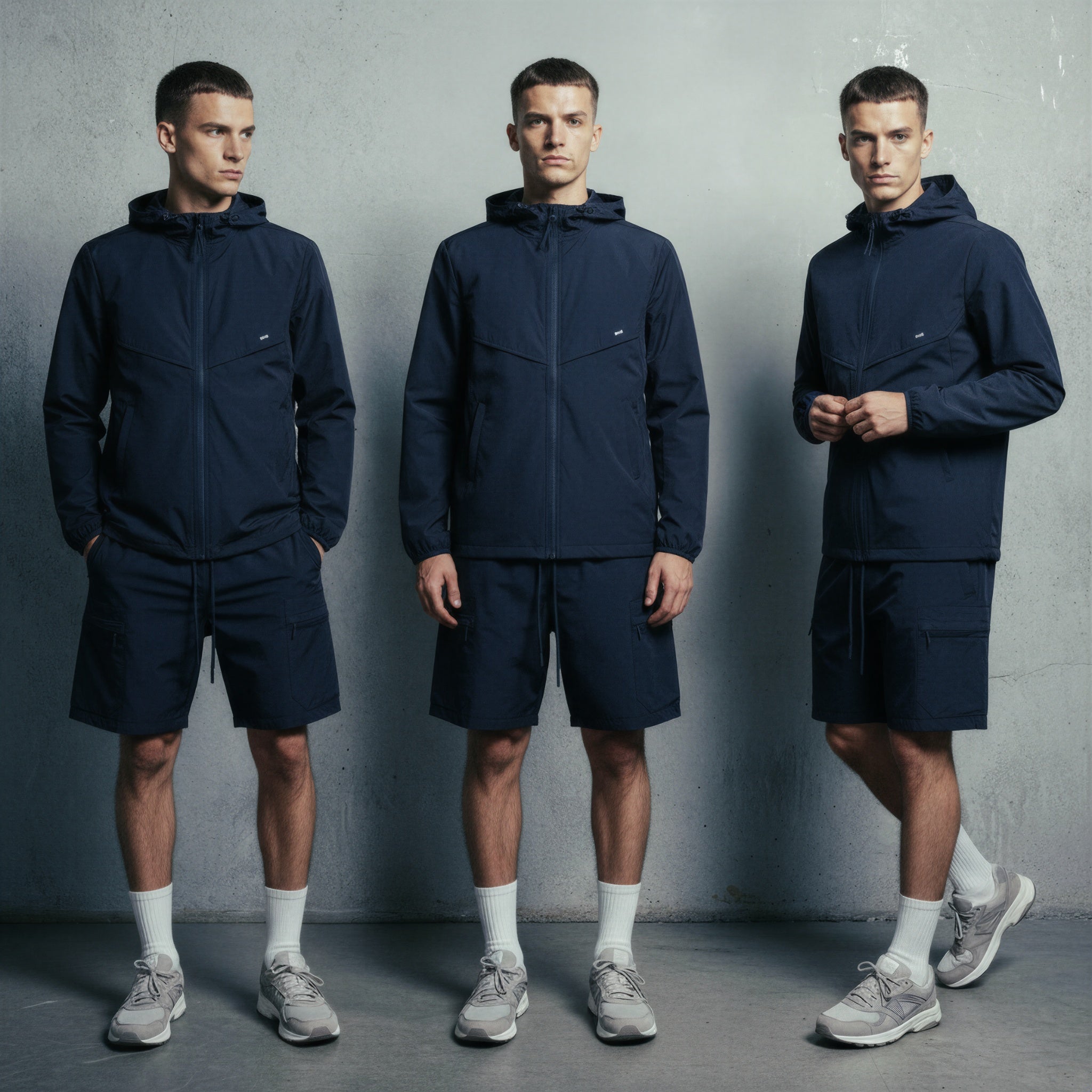 Three identical men wearing navy blue outfits against a gray background