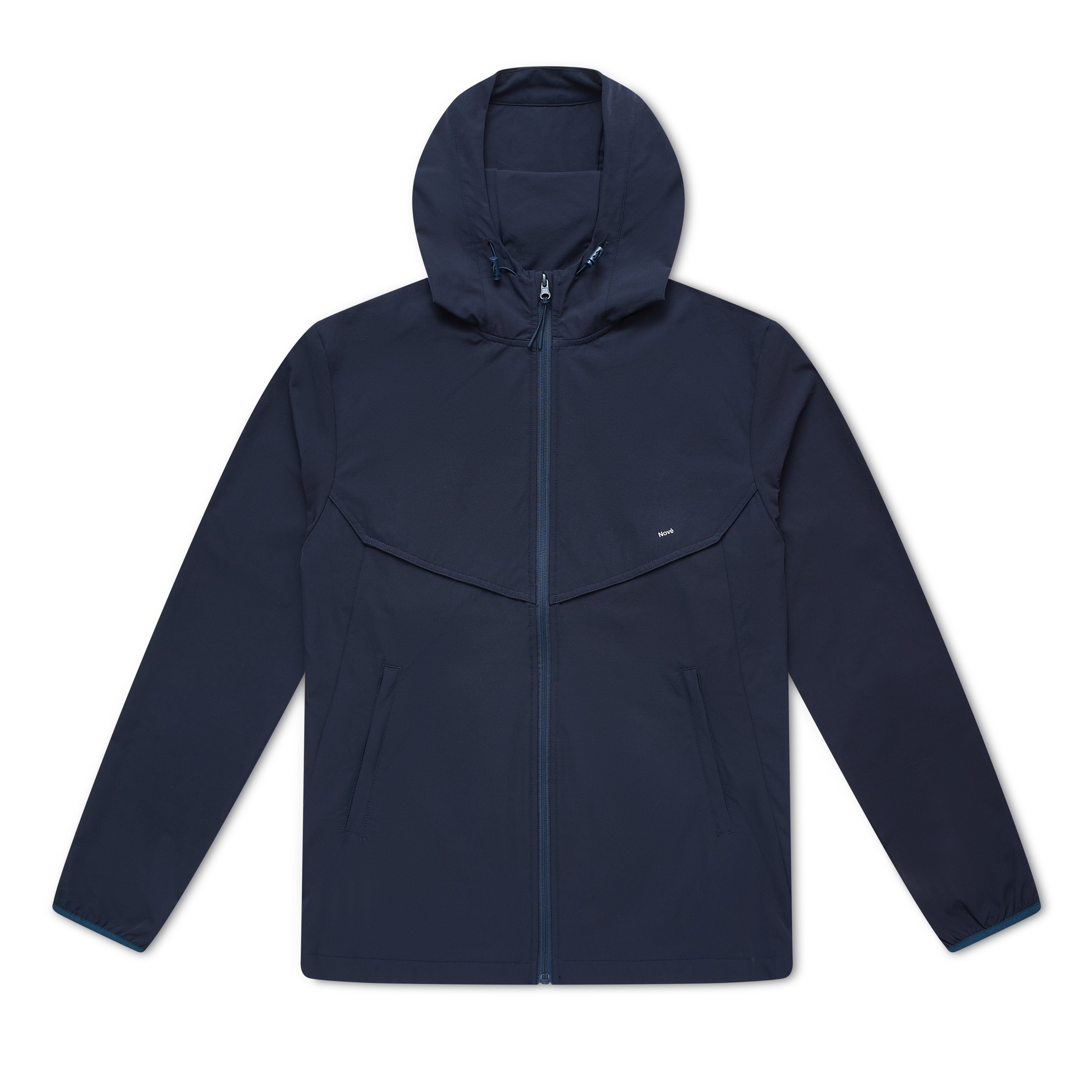 Navy blue jacket with a hood on a white background