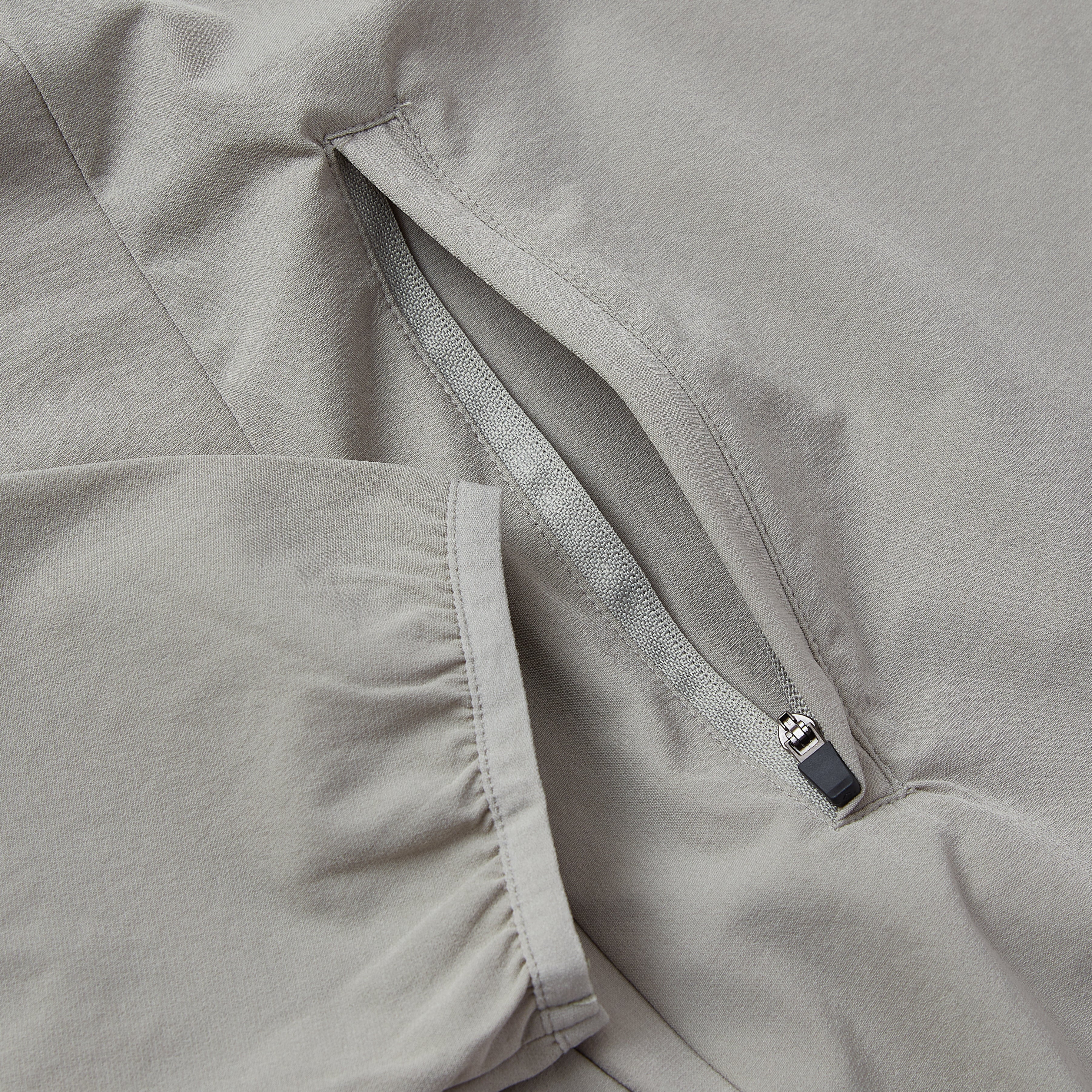 Close-up of a gray jacket with a zipper