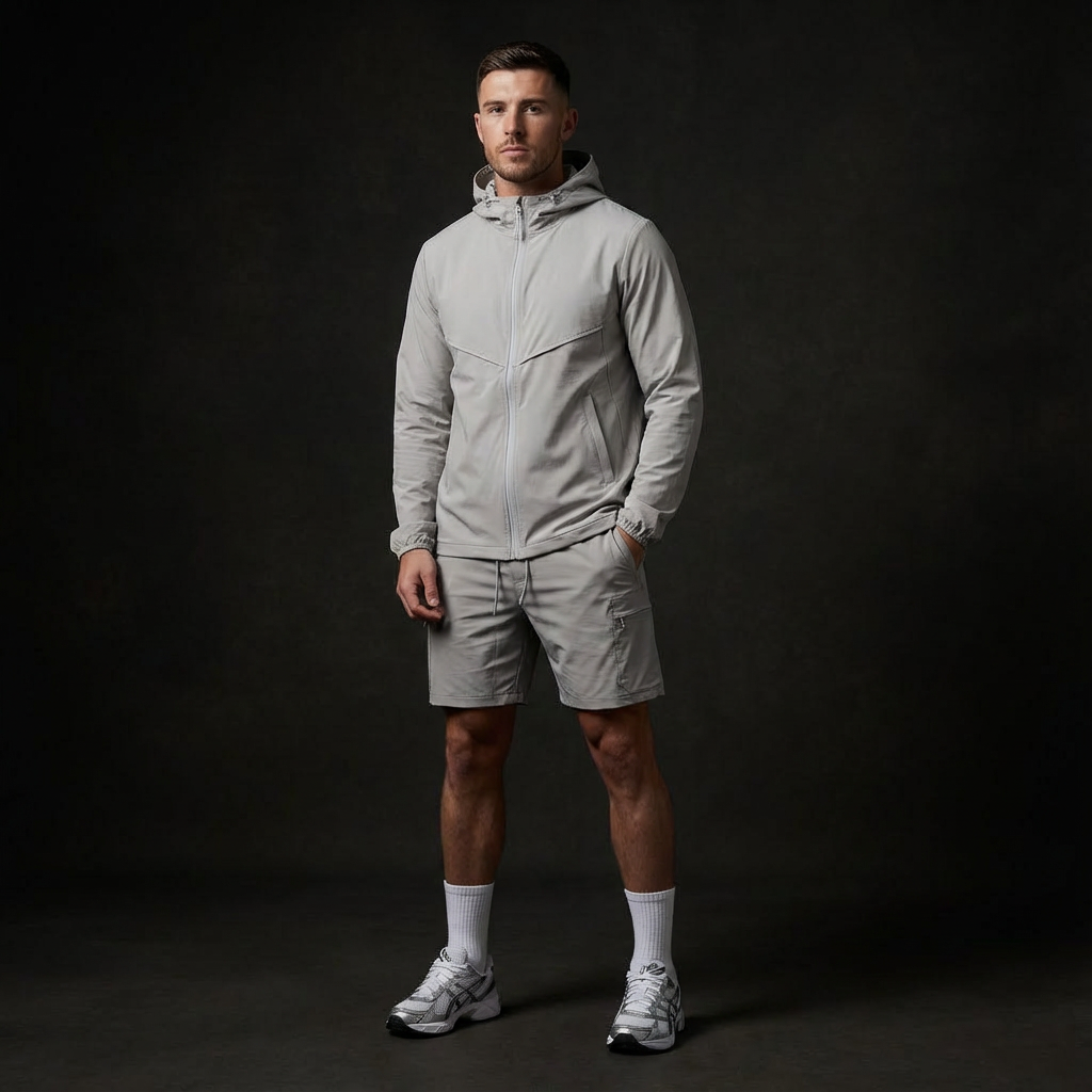 Nové Men's Light Gray Hooded Jacket – Full-Zip Windbreaker Front View