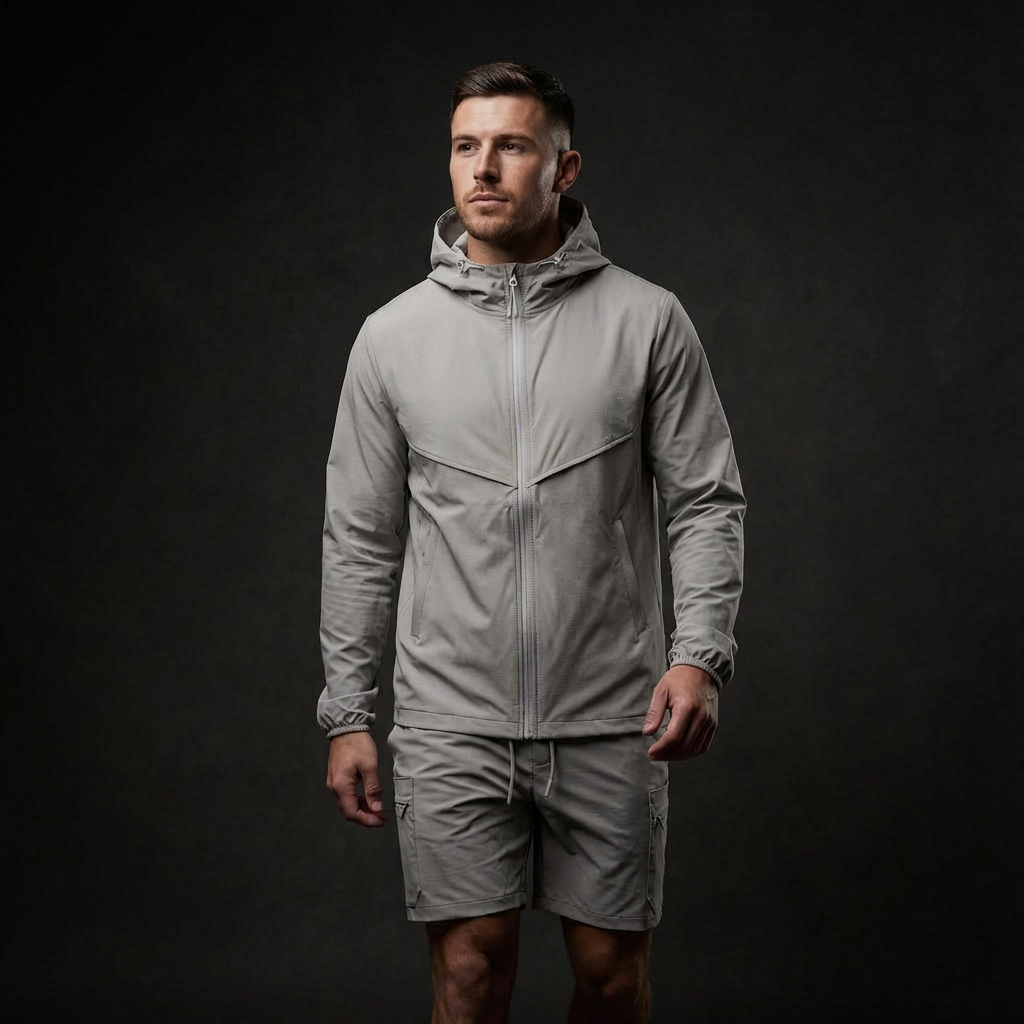 Man wearing a gray tracksuit against a black background