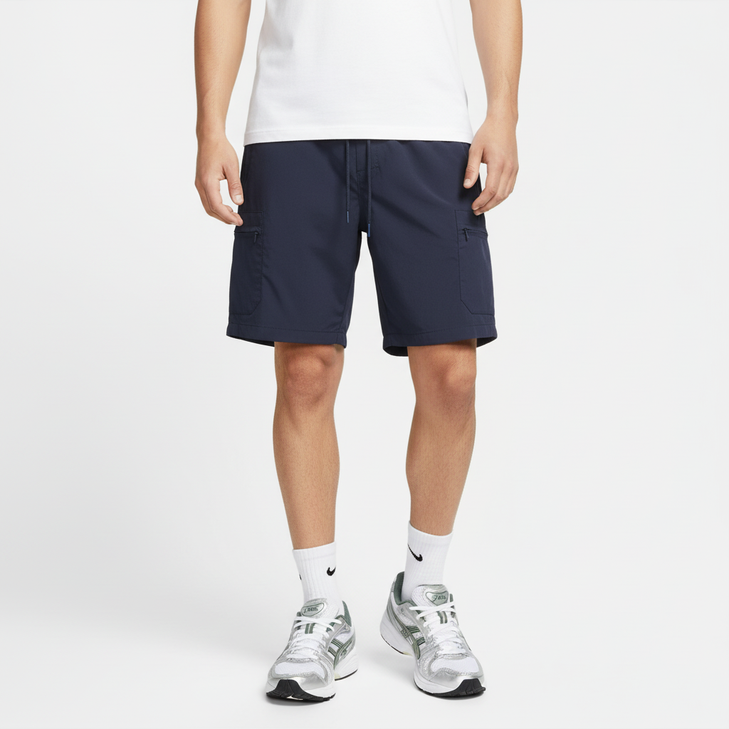 Navy cargo shorts relaxed pose