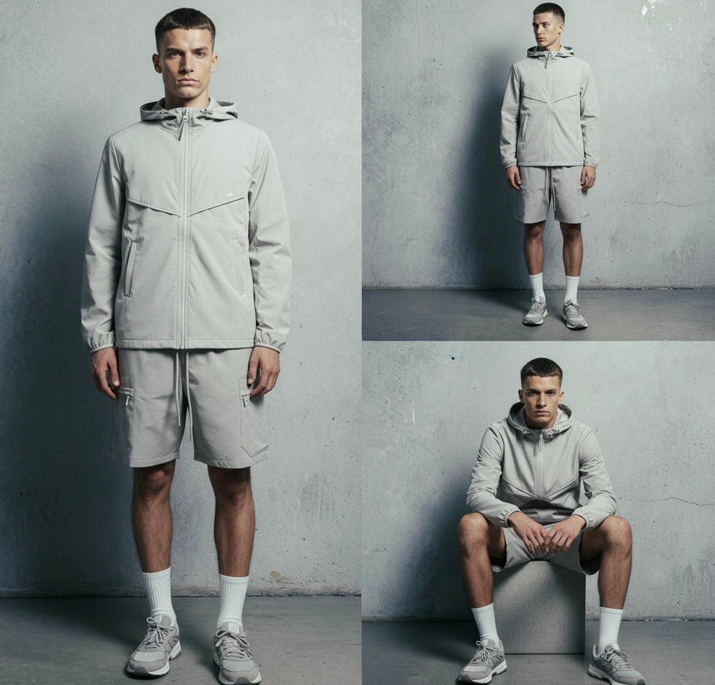 Nové grey windbreaker front view with full zip and hood