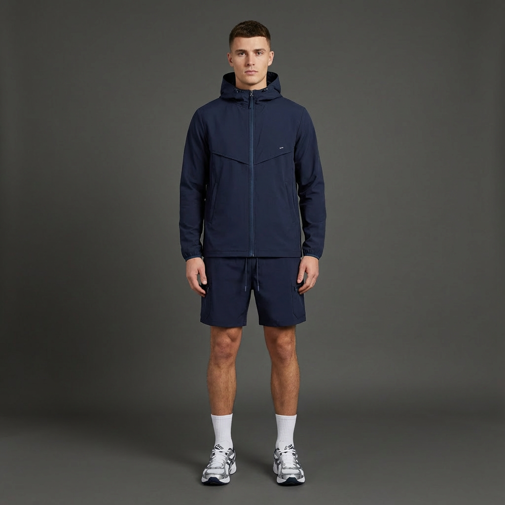 Man wearing a navy blue jacket and shorts set on a gray background