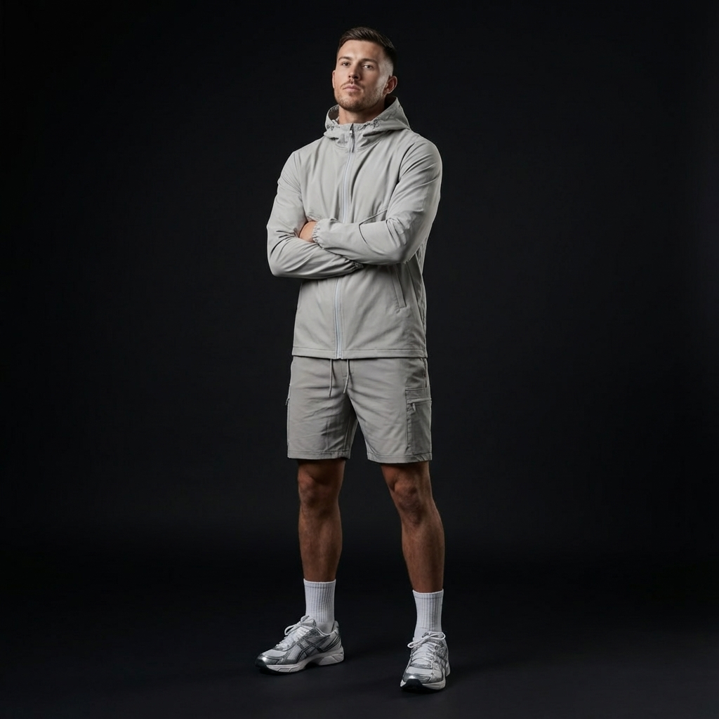 Man wearing a light gray hoodie and shorts standing against a black background