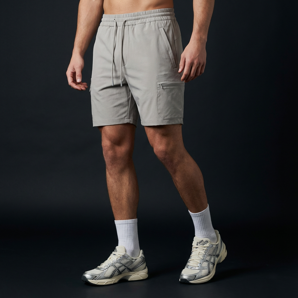 Person wearing gray shorts and white sneakers on a black background