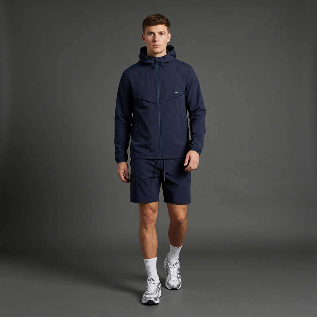 Man wearing a navy tracksuit on a gray background