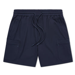 Close-up of Nové navy cargo shorts elastic waistband and drawstring