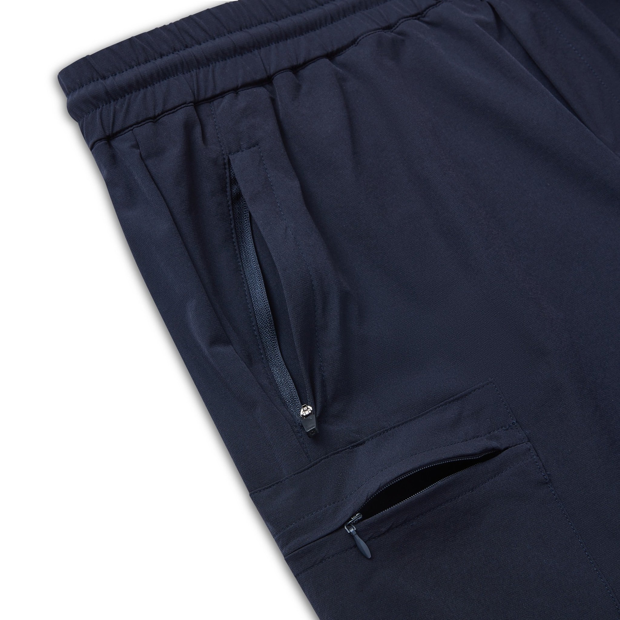 Nové navy cargo shorts side view showing large cargo pocket detail