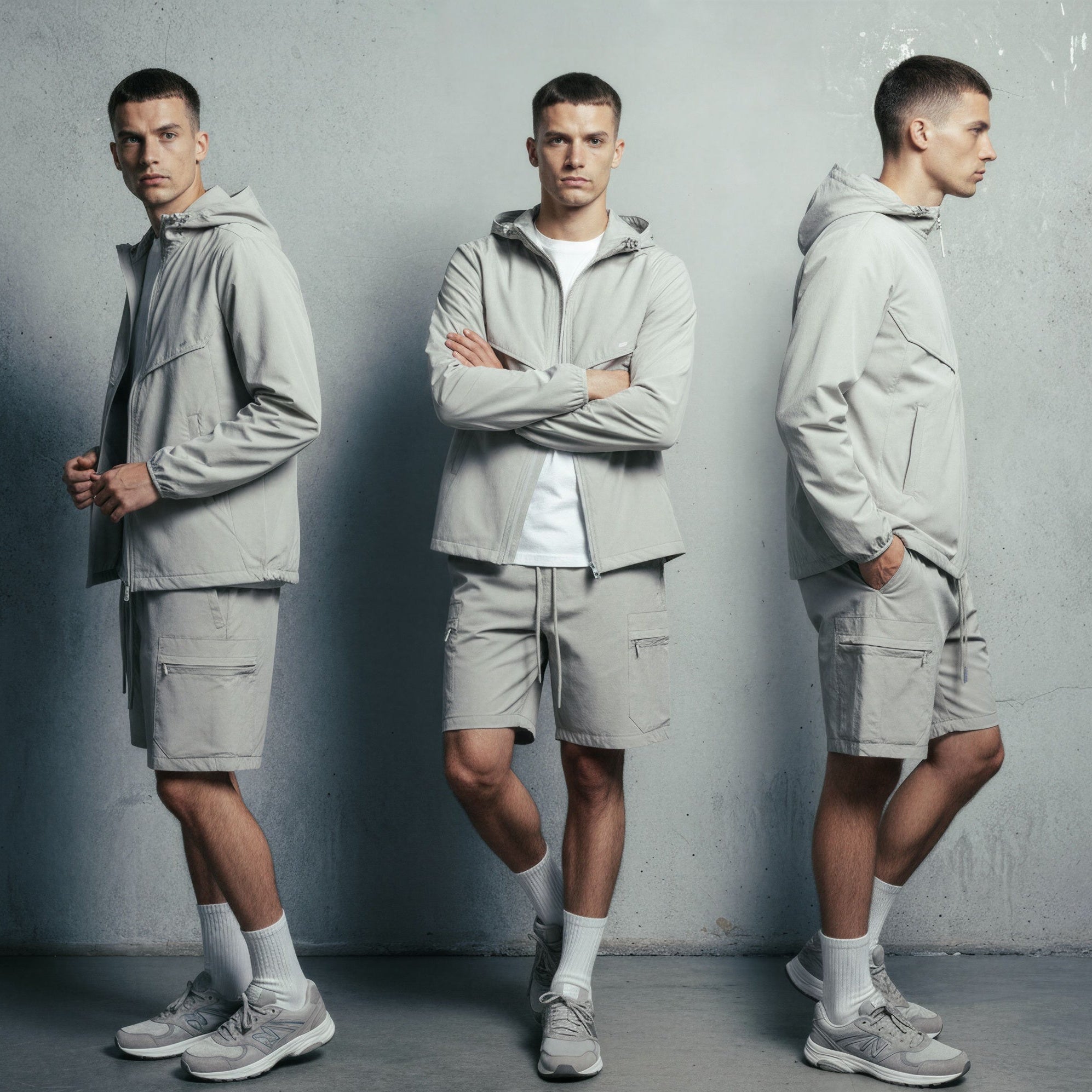 Three poses of a person wearing a gray windbreaker against a gray background