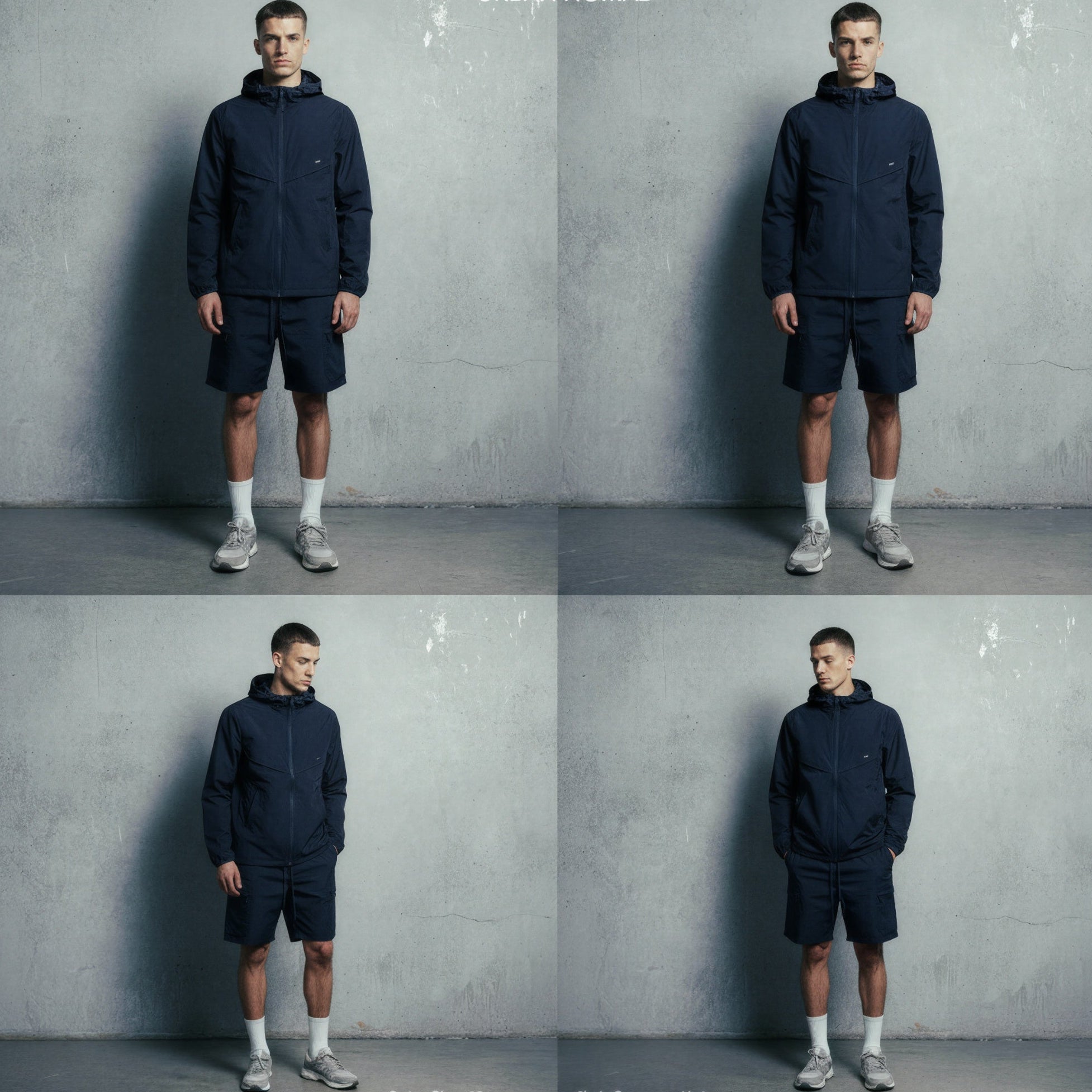 Man wearing a navy blue jacket and shorts set  against a gray concrete wall.