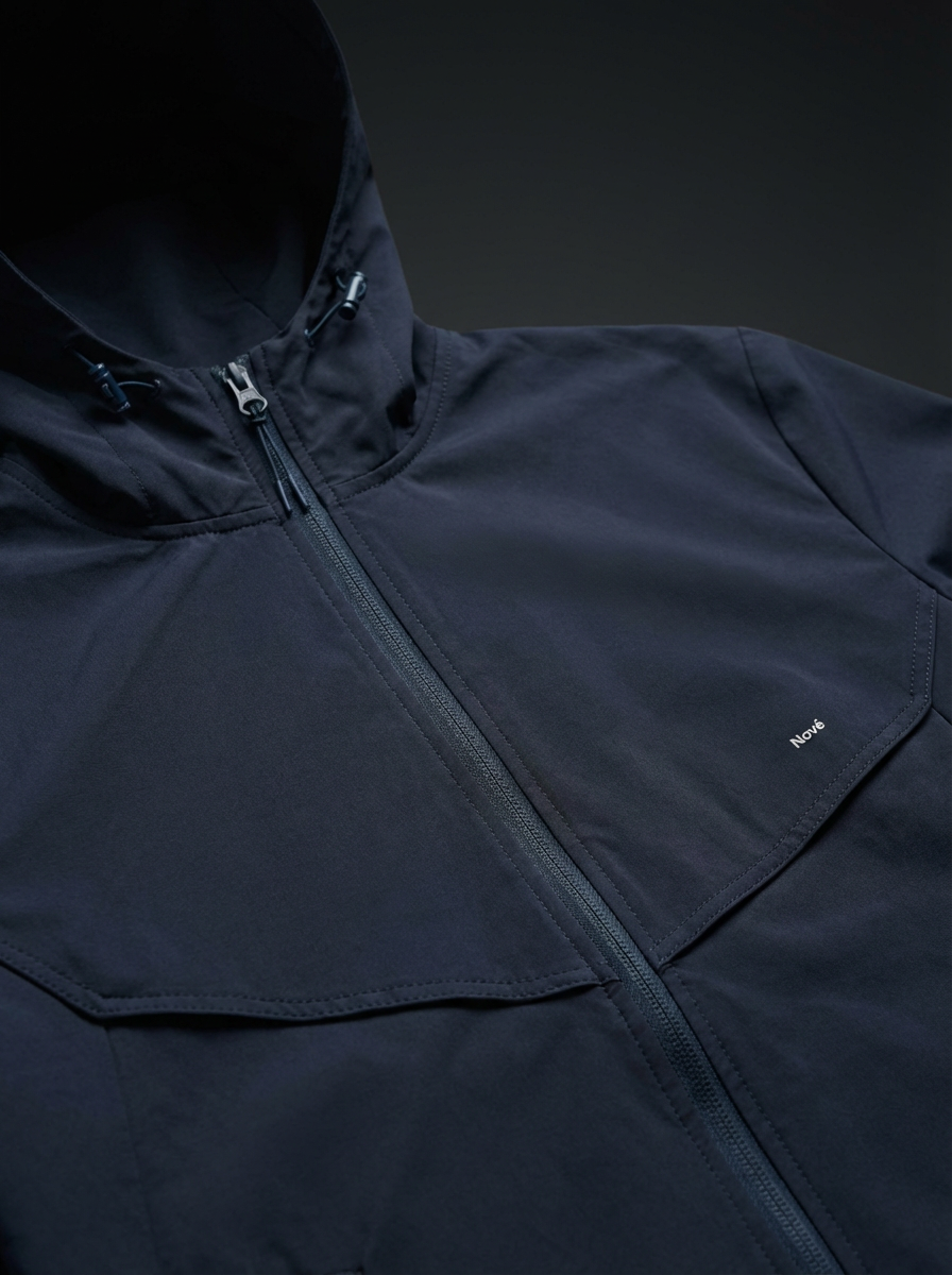 Navy blue jacket with a brand logo on a black background