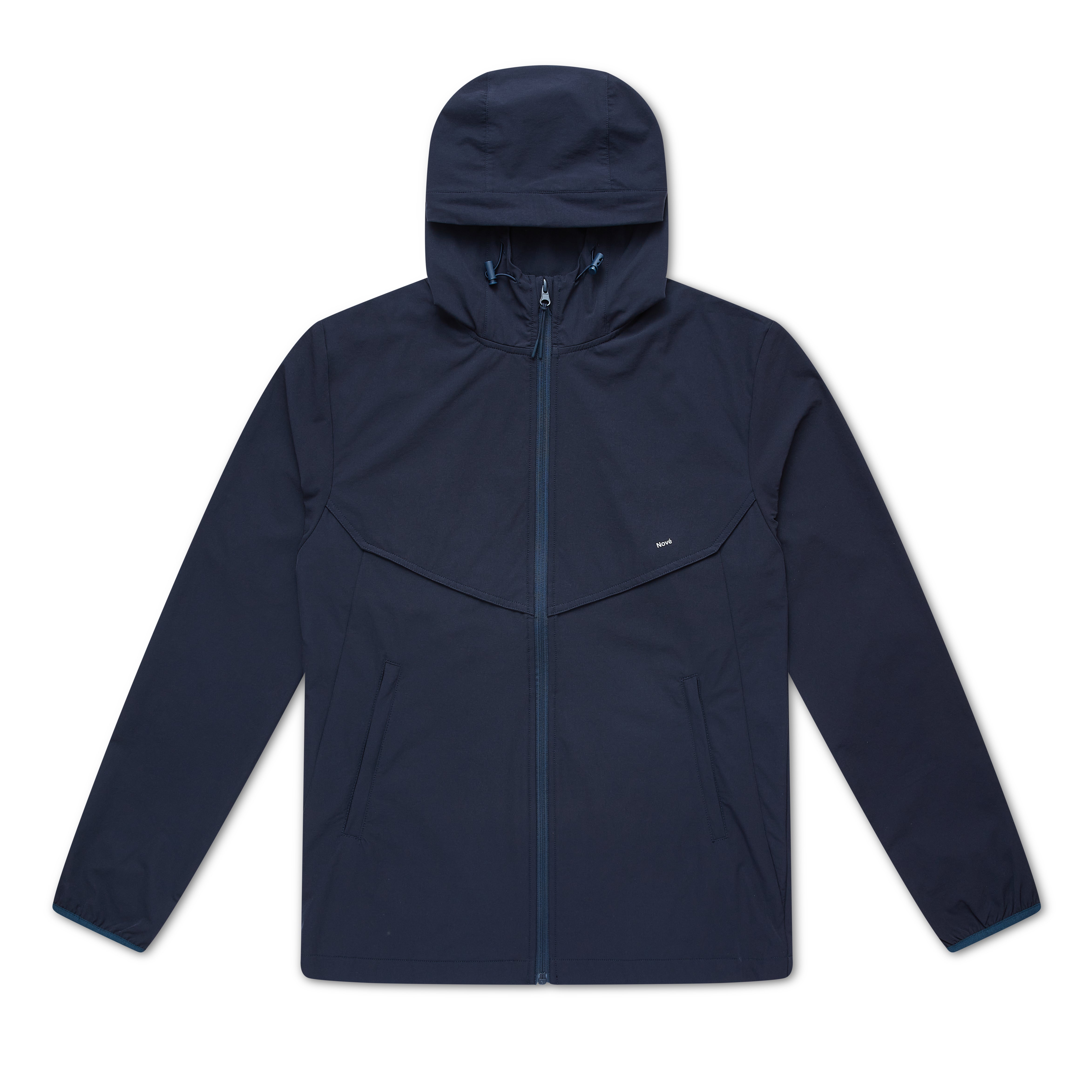 Navy blue hooded jacket on a white background