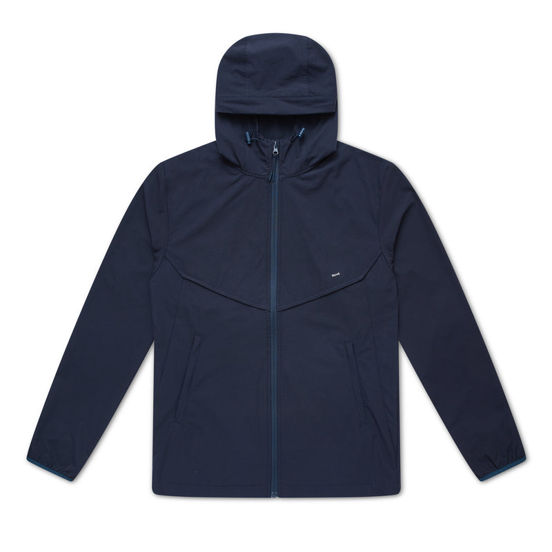 Navy blue hooded jacket on a white background