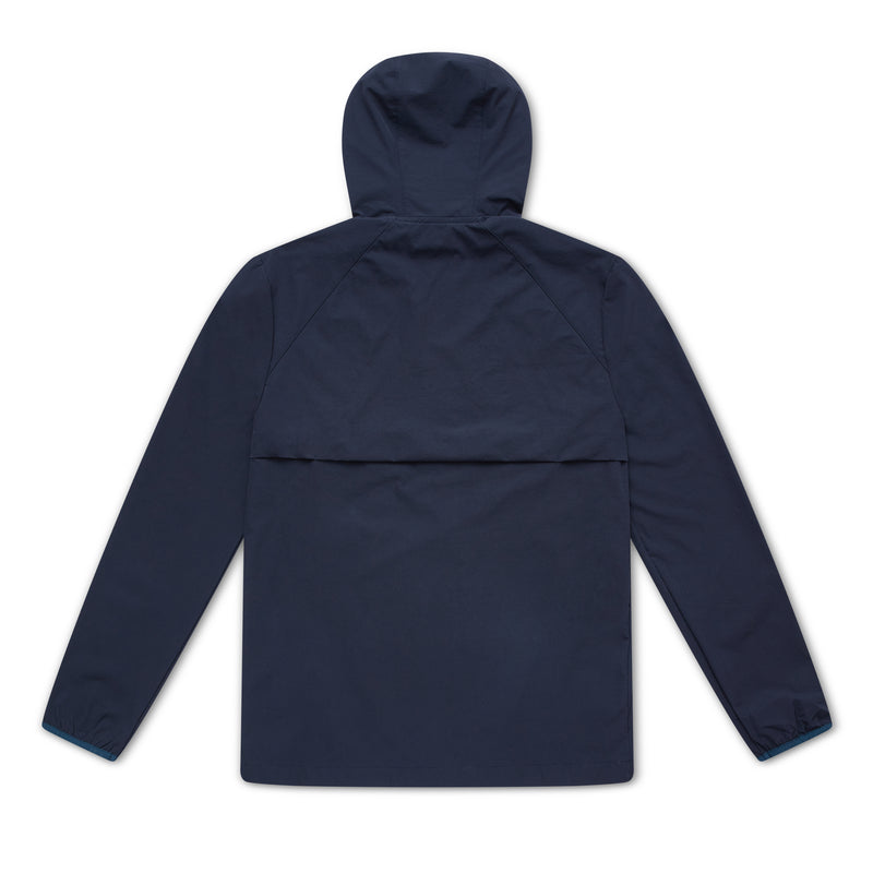 Navy blue jacket with a hood on a white background