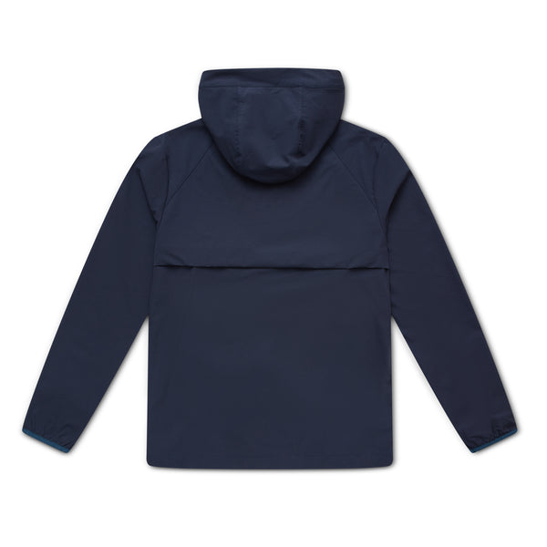 Navy blue hooded jacket on a white background