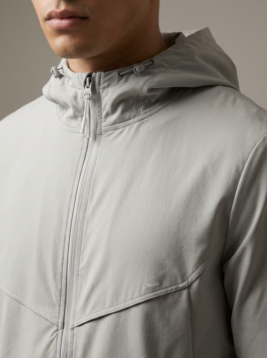 Close-up of a person wearing a light gray jacket with a hood.