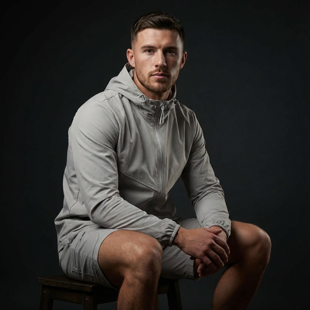 Man wearing a gray tracksuit sitting on a stool against a dark background
