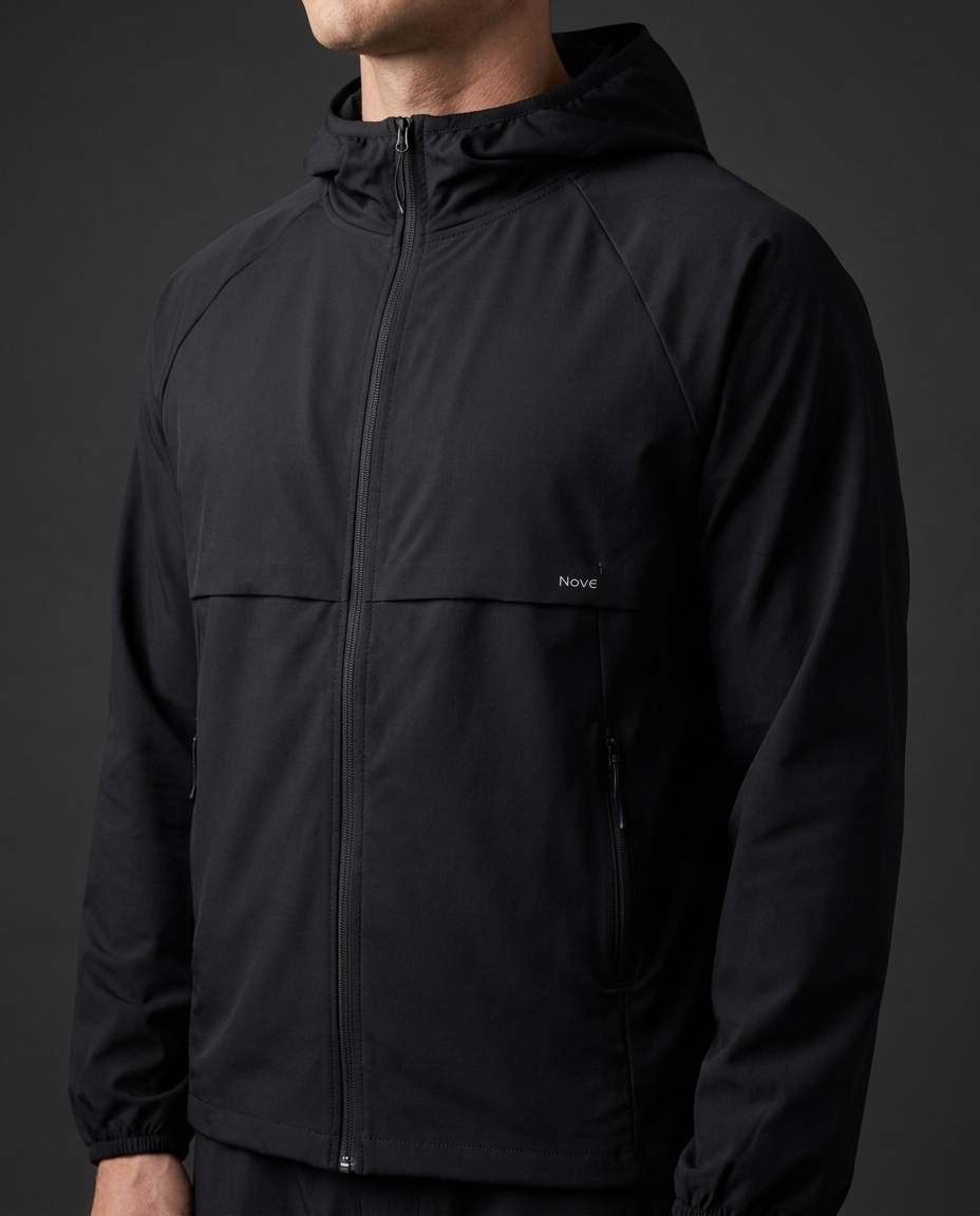 model wearing a black jacket on a dark back ground