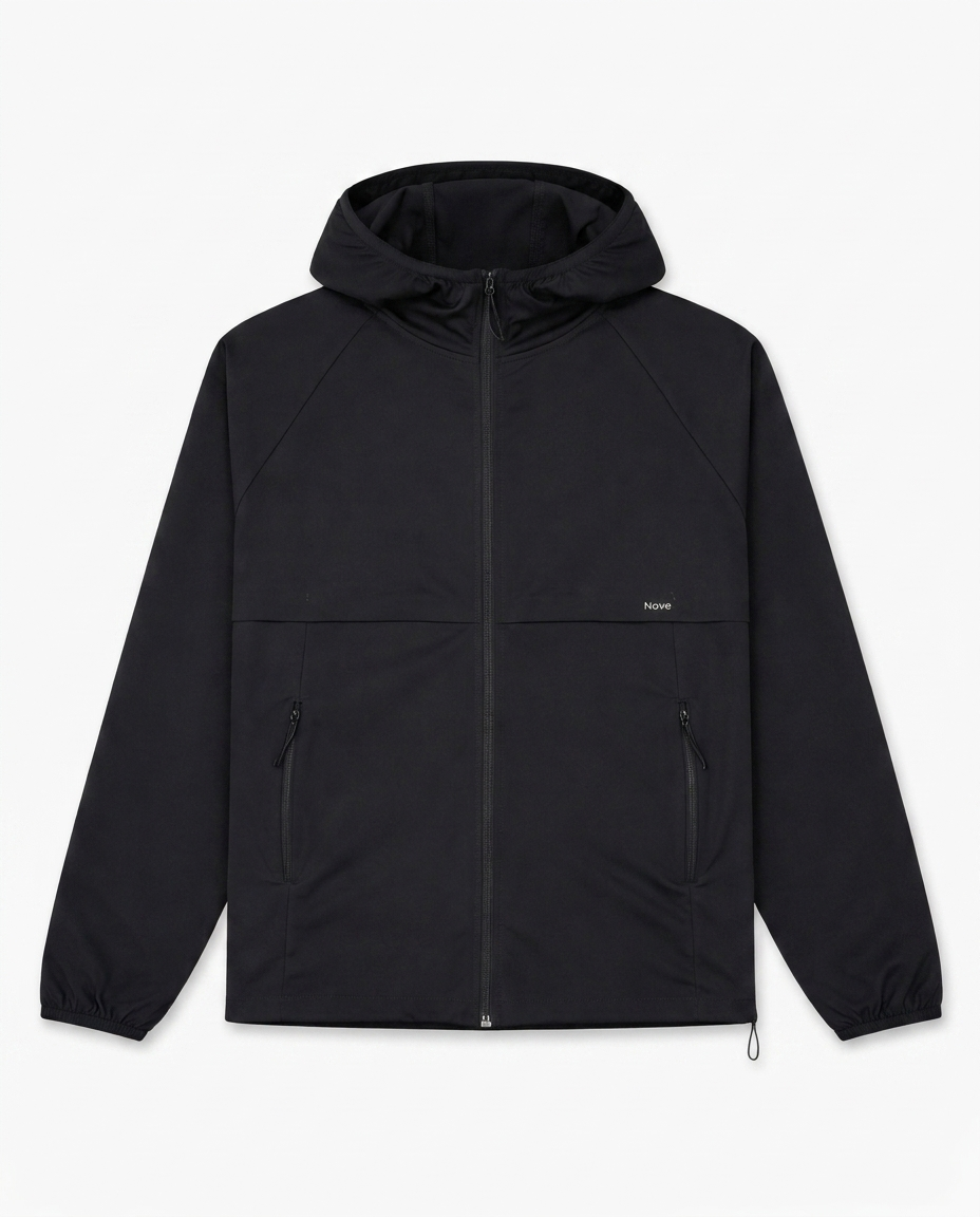 Black hooded jacket on a white background