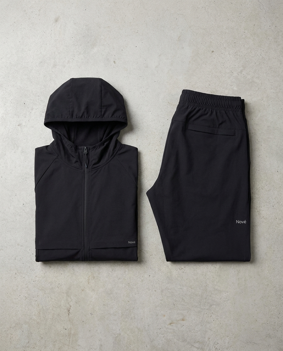 flat lay image of black jacket and trouser on a concrete floor