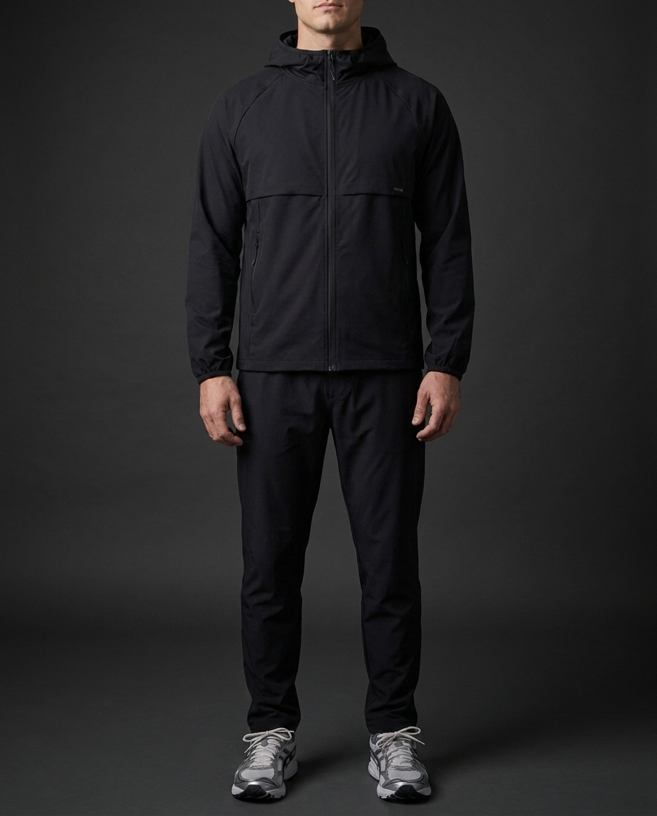 Person wearing a black jacket and pants on a dark background
