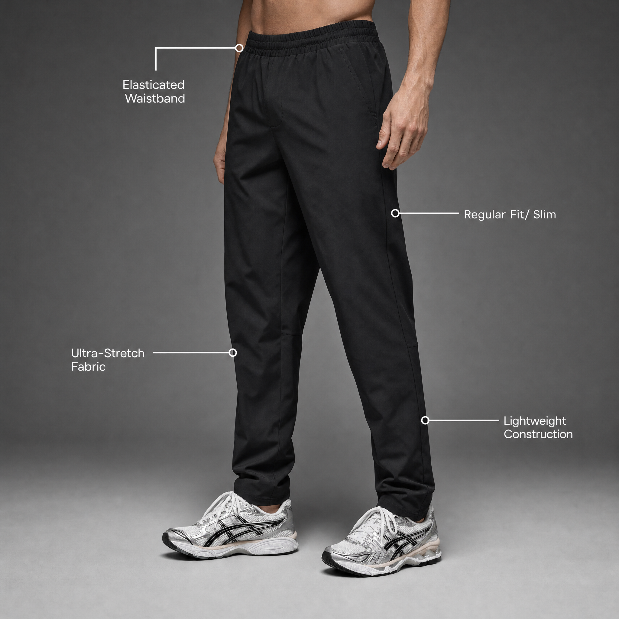 Black pants with text labels on an gray background