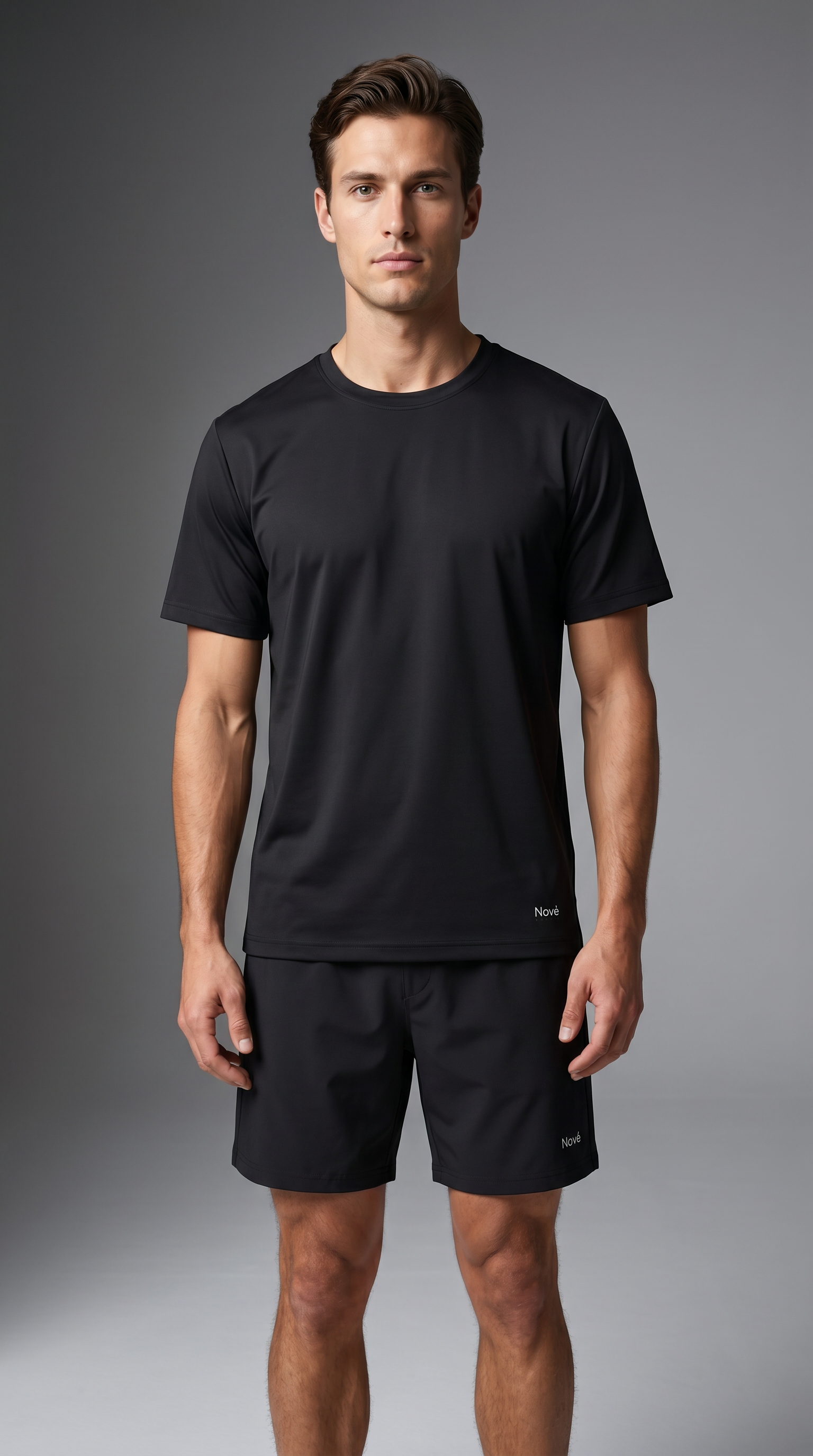 Man wearing a black t-shirt and shorts on a gray background