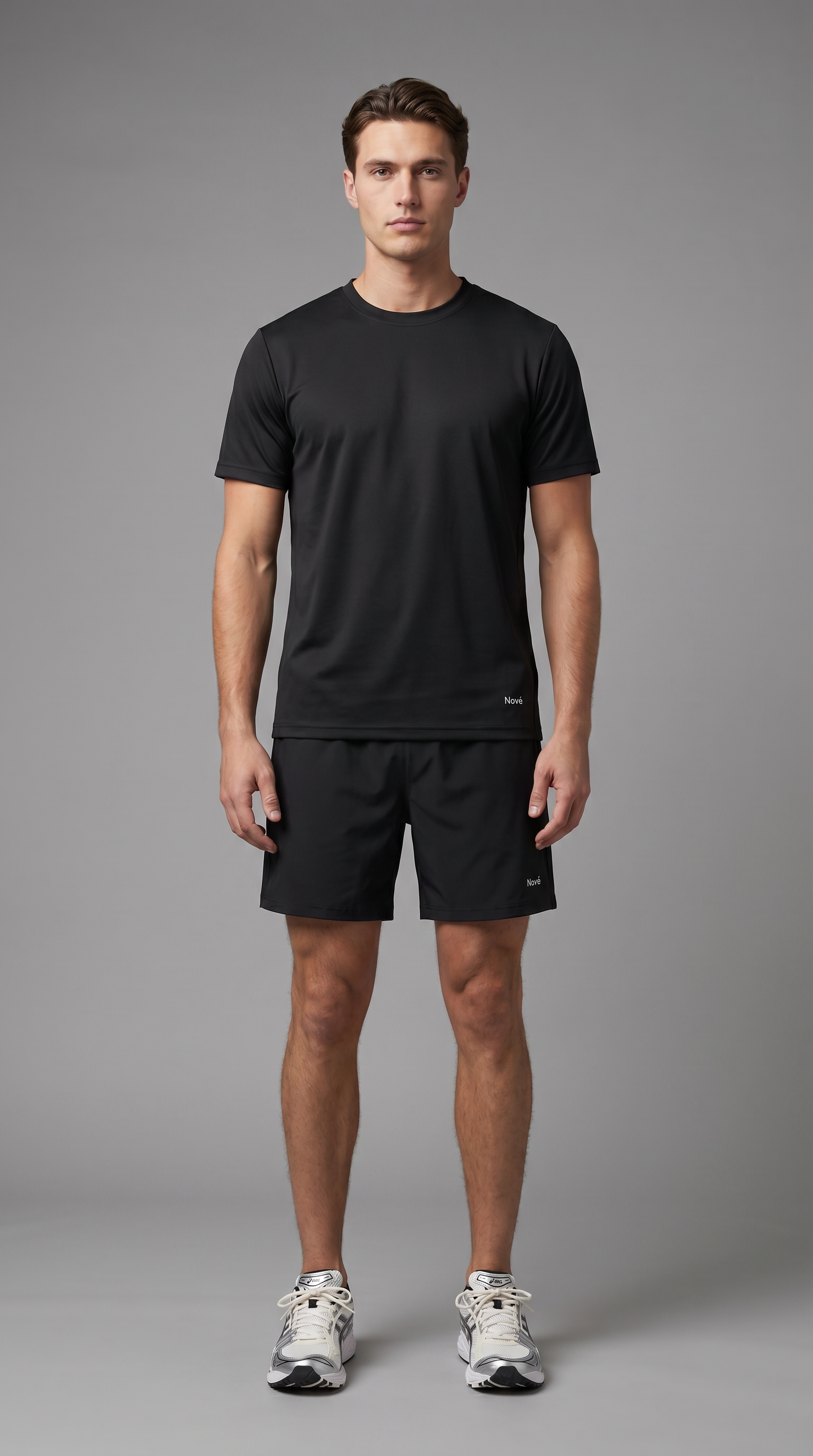 Man wearing a black athletic outfit on a gray background