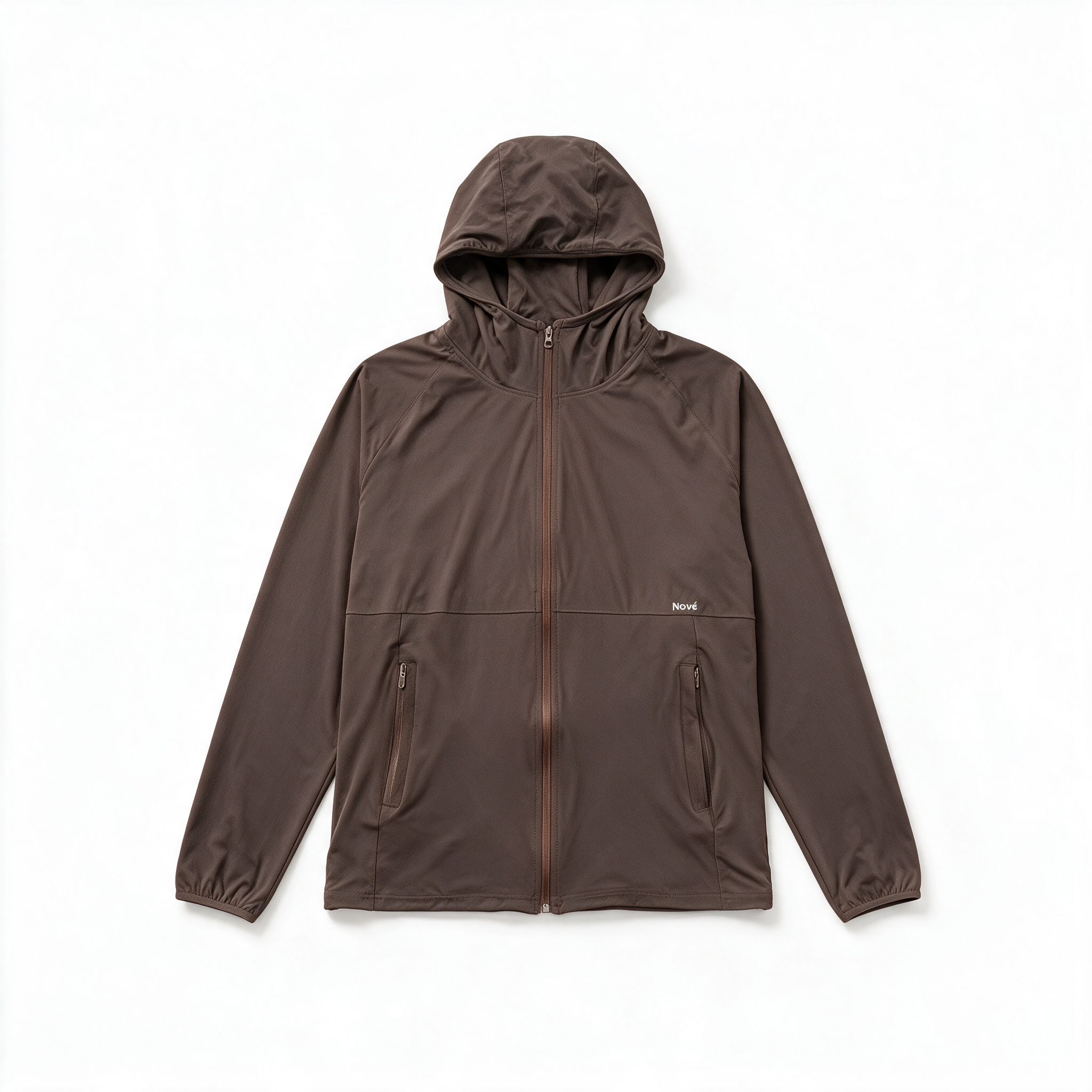 A dark brown hooded jacket with a full front zipper, zippered hand pockets, and a small white 'Nord' brand label on the left chest, displayed flat against a clean white background.