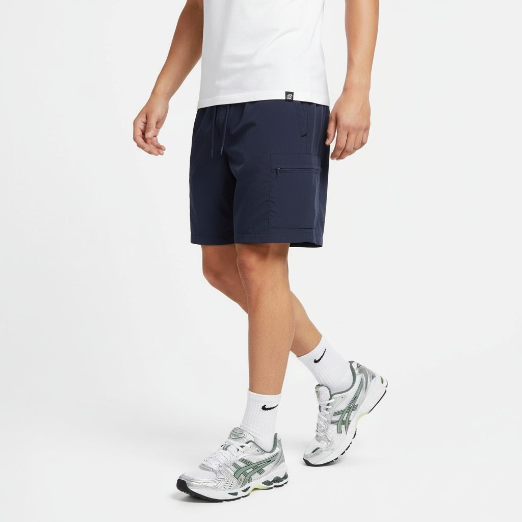 Navy cargo shorts walking pose